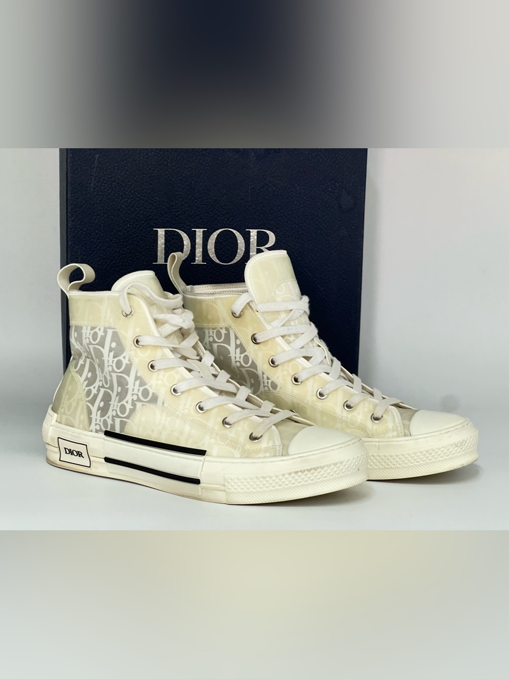 Dior B23 Oblique High Top Sneakers White Beige Logo Men's Designer Size 41 EU